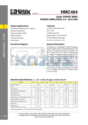 HMC464 datasheet - GaAs PHEMT MMIC POWER AMPLIFIER, 2.0 - 20.0 GHz