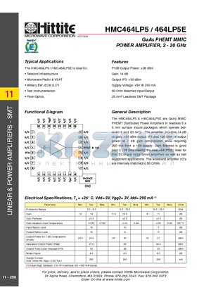 HMC464LP5E datasheet - GaAs PHEMT MMIC POWER AMPLIFIER, 2 - 20 GHz