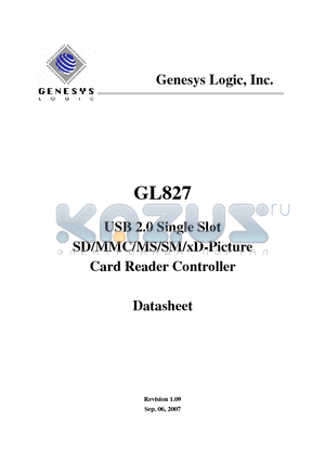 GL827-MWG datasheet - USB 2.0 Single Slot SD/MMC/MS/SM/xD-Picture Card Reader Controller