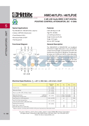 HMC467LP3_08 datasheet - 2 dB LSB GaAs MMIC 2-BIT DIGITAL POSITIVE CONTROL ATTENUATOR, DC - 6 GHz