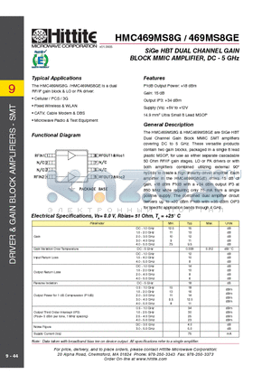 HMC469MS8GE datasheet - SiGe HBT DUAL CHANNEL GAIN BLOCK MMIC AMPLIFIER, DC - 5 GHz