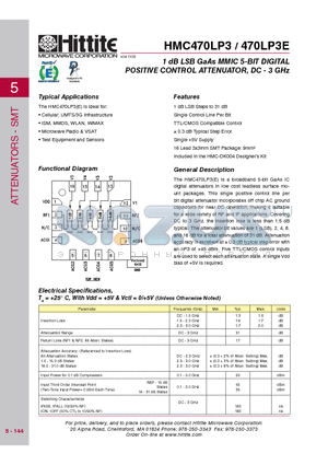 HMC470LP3 datasheet - 1 dB LSB GaAs MMIC 5-BIT DIGITAL POSITIVE CONTROL ATTENUATOR, DC - 3 GHz