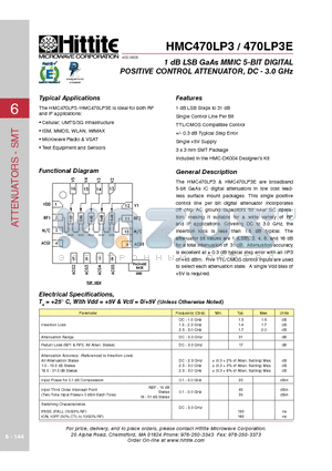 HMC470LP3 datasheet - 1 dB LSB GaAs MMIC 5-BIT DIGITAL POSITIVE CONTROL ATTENUATOR, DC - 3.0 GHz