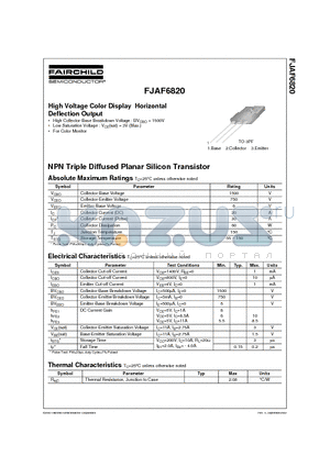 FJAF6820 datasheet - High Voltage Color Display Horizontal Deflection Output