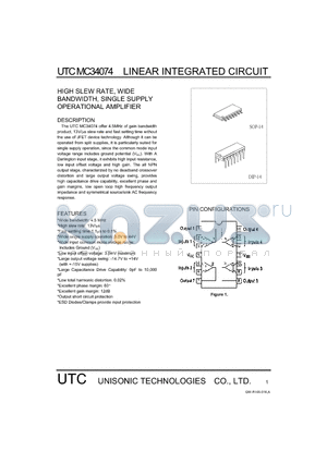 MC34074 datasheet - HIGH SLEW RATE, WIDE BANDWIDTH, SINGLE SUPPLY OPERATIONAL AMPLIFIER