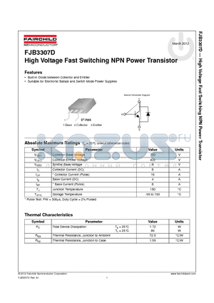 FJB3307D datasheet - High Voltage Fast Switching NPN Power Transistor