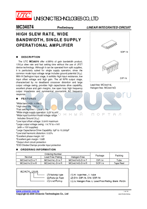 MC34074-D14-T datasheet - HIGH SLEW RATE, WIDE BANDWIDTH, SINGLE SUPPLY OPERATIONAL AMPLIFIER