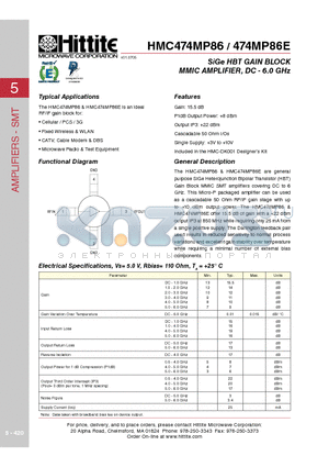 HMC474MP86E datasheet - SiGe HBT GAIN BLOCK MMIC AMPLIFIER, DC - 6.0 GHz