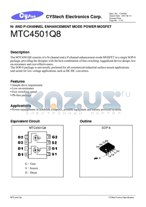 MTC4501Q8 datasheet - N- AND P-CHANNEL ENHANCEMENT MODE POWER MOSFET