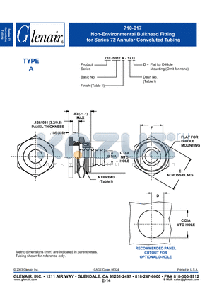 710-S017M-12D datasheet - Non-Environmental Bulkhead Fitting