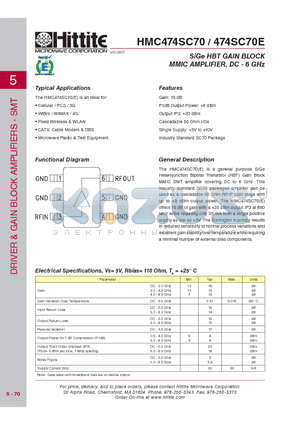 HMC474SC70 datasheet - SiGe HBT GAIN BLOCK MMIC AMPLIFIER, DC - 6 GHz
