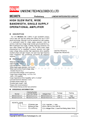 MC34074G-S14-R datasheet - HIGH SLEW RATE, WIDE BANDWIDTH, SINGLE SUPPLY OPERATIONAL AMPLIFIER