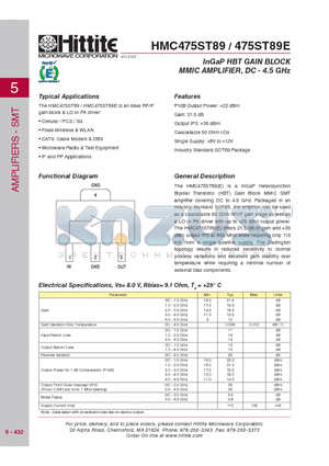 HMC475ST89E datasheet - InGaP HBT GAIN BLOCK MMIC AMPLIFIER, DC - 4.5 GHz