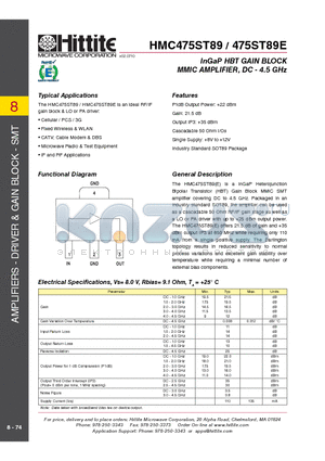 HMC475ST89E datasheet - InGaP HBT GAIN BLOCK MMIC AMPLIFIER, DC - 4.5 GHz