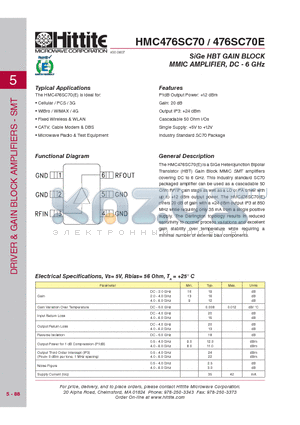 HMC476SC70 datasheet - SiGe HBT GAIN BLOCK MMIC AMPLIFIER, DC - 6 GHz