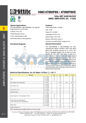 HMC478MP86 datasheet - SiGe HBT GAIN BLOCK MMIC AMPLIFIER, DC - 4 GHz