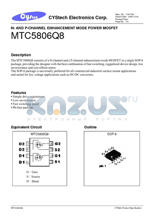 MTC5806Q8 datasheet - N- AND P-CHANNEL ENHANCEMENT MODE POWER MOSFET