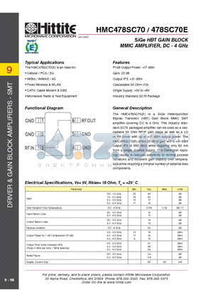HMC478SC70 datasheet - SiGe HBT GAIN BLOCK MMIC AMPLIFIER, DC - 4 GHz