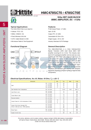 HMC478SC70 datasheet - SiGe HBT GAIN BLOCK MMIC AMPLIFIER, DC - 4 GHz