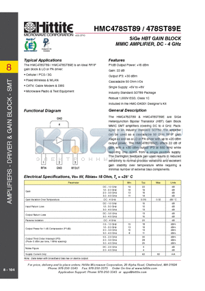 HMC478ST89E datasheet - SiGe HBT GAIN BLOCK MMIC AMPLIFIER, DC - 4 GHz