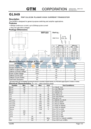 GL949 datasheet - PNP SILICON PLANAR HIGH CURRENT TRANSISTOR