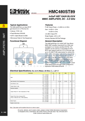 HMC480ST89 datasheet - InGaP HBT GAIN BLOCK MMIC AMPLIFIER, DC - 5.0 GHz