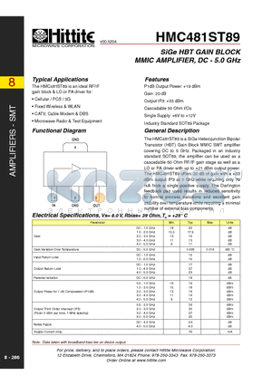 HMC481ST89 datasheet - SiGe HBT GAIN BLOCK MMIC AMPLIFIER, DC - 5.0 GHz
