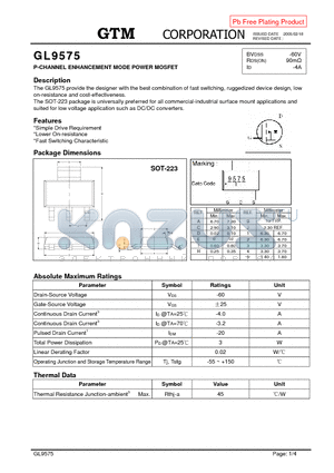 GL9575 datasheet - P-CHANNEL ENHANCEMENT MODE POWER MOSFET