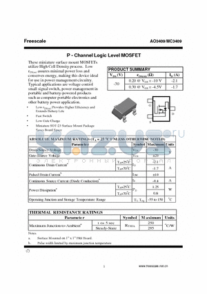 MC3409 datasheet - P - Channel Logic Level MOSFET Low Gate Charge