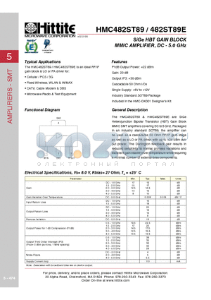HMC482ST89 datasheet - SiGe HBT GAIN BLOCK MMIC AMPLIFIER, DC - 5.0 GHz