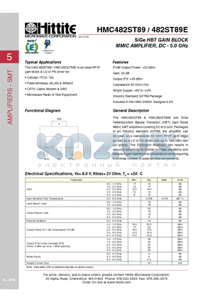 HMC482ST89E datasheet - SiGe HBT GAIN BLOCK MMIC AMPLIFIER, DC - 5.0 GHz