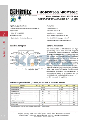 HMC483MS8GE datasheet - HIGH IP3 GaAs MMIC MIXER with INTEGRATED LO AMPLIFIER, 0.7 - 1.4 GHz