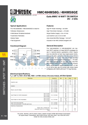 HMC484MS8G_08 datasheet - GaAs MMIC 10 WATT T/R SWITCH DC - 3 GHz