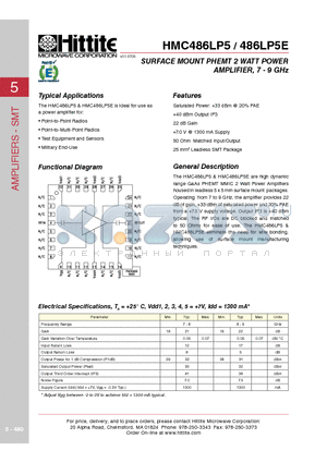 HMC486LP5 datasheet - SURFACE MOUNT PHEMT 2 WATT POWER AMPLIFIER, 7 - 9 GHz