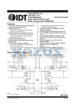 IDT70V3319 datasheet - HIGH-SPEED 3.3V 256/128K x 18 SYNCHRONOUS DUAL-PORT STATIC RAM WITH 3.3V OR 2.5V INTERFACE