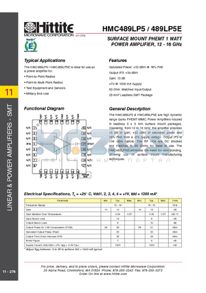 HMC489LP5 datasheet - SURFACE MOUNT PHEMT 1 WATT POWER AMPLIFIER, 12 - 16 GHz