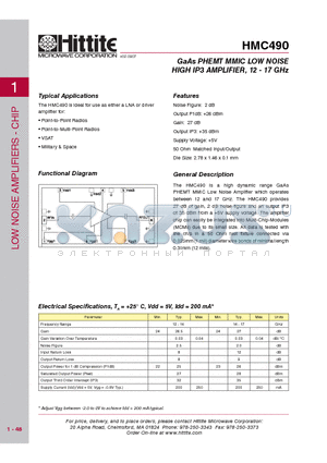 HMC490 datasheet - GaAs PHEMT MMIC LOW NOISE HIGH IP3 AMPLIFIER, 12 - 17 GHz