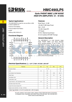 HMC490LP5 datasheet - GaAs PHEMT MMIC LOW NOISE HIGH IP3 AMPLIFIER, 12 - 16 GHz