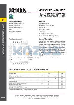 HMC490LP5 datasheet - GaAs PHEMT MMIC LOW NOISE HIGH IP3 AMPLIFIER, 12 - 16 GHz