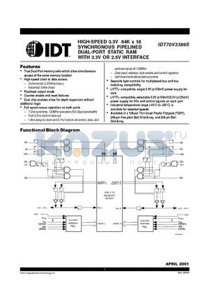 IDT70V3389S4BCI datasheet - HIGH-SPEED 3.3V 64K x 18 SYNCHRONOUS PIPELINED DUAL-PORT STATIC RAM WITH 3.3V OR 2.5V INTERFACE