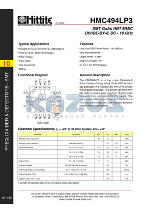 HMC494LP3 datasheet - SMT GaAs HBT MMIC DIVIDE-BY-8, DC - 18 GHz