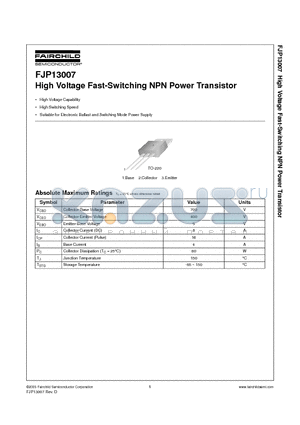 FJP13007TU datasheet - High Voltage Switch Mode Application