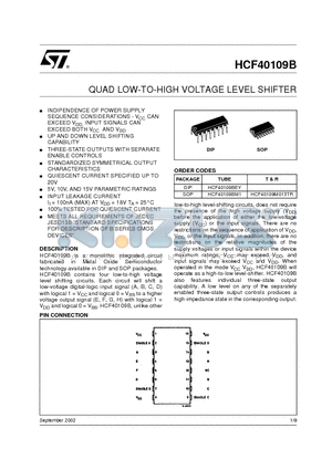 HCF40109BEY datasheet - QUAD LOW-TO-HIGH VOLTAGE LEVEL SHIFTER