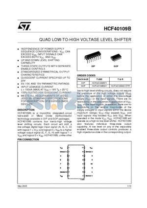 HCF40109BEY datasheet - QUAD LOW-TO-HIGH VOLTAGE LEVEL SHIFTER