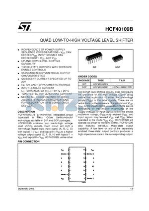 HCF40109B datasheet - QUAD LOW-TO-HIGH VOLTAGE LEVEL SHIFTER