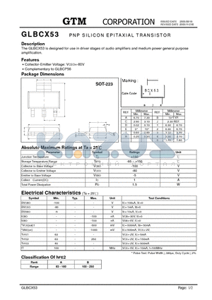 GLBCX53 datasheet - PNP SILICON EPITAXIAL TRANSISTOR