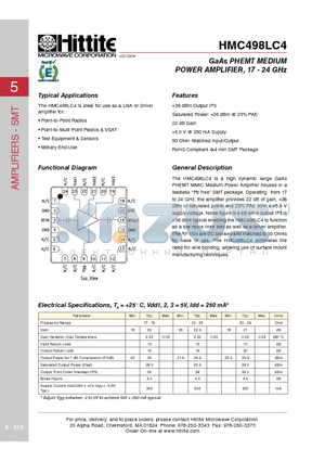 HMC498LC4 datasheet - GaAs PHEMT MEDIUM POWER AMPLIFIER, 17 - 24 GHz