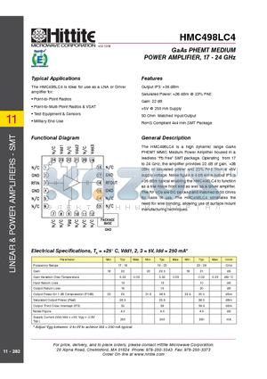 HMC498LC4 datasheet - GaAs PHEMT MEDIUM POWER AMPLIFIER, 17 - 24 GHz