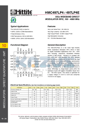 HMC497LP4E datasheet - SiGe WIDEBAND DIRECT MODULATOR RFIC, 100 - 4000 MHz