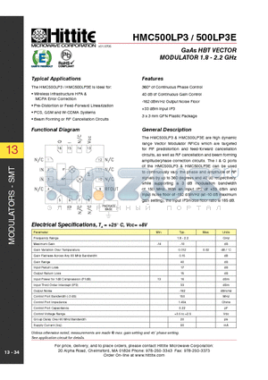 HMC500LP3 datasheet - GaAs HBT VECTOR MODULATOR 1.8 - 2.2 GHz